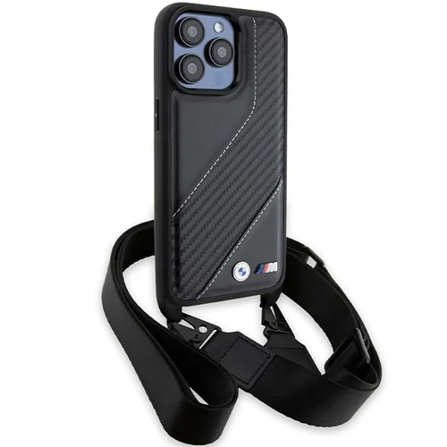 BMW M anglies rašto dėklas su dirželiu iPhone 15 Pro, juodas image 3