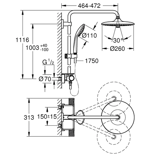 Dušo sistema su termostatiniu maišytuvu Grohe VITALIO JOY SYSTEM 260, 26403002, chromo image 3