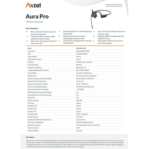 Axtel Aura Pro Bone Conduction belaidė laisvų rankų įranga image 2