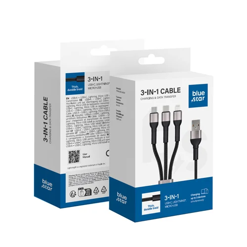 BLUE STAR TFK-DC-010 3-in-1 USB laidas, 1,2 m, juodas image 1