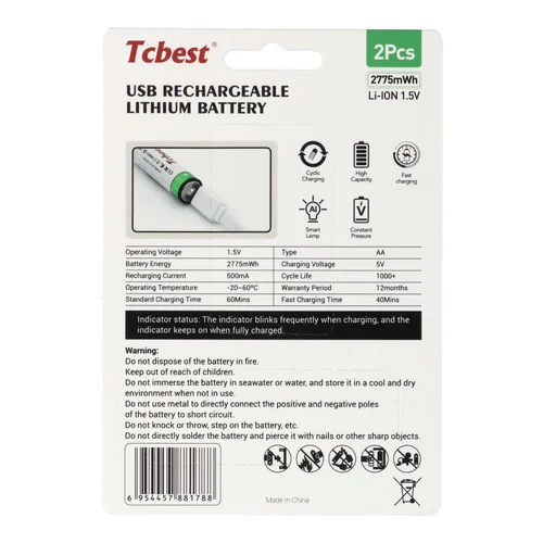 TCBEST AA (R6) 1850 mAh baterijos su USB-C, 2 vnt. image 2