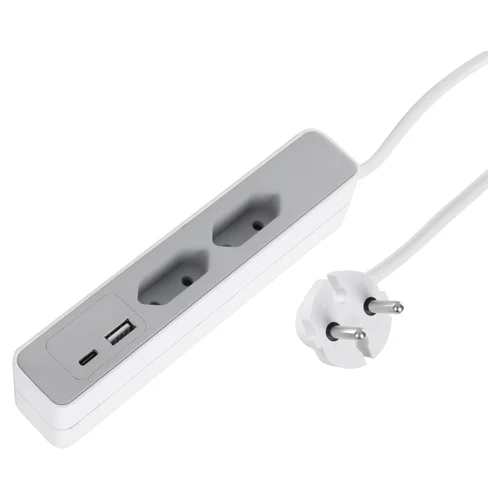 Buitinis ilgintuvas, 2 x 1.0 mm, 2 m, 2 Euro lizdų, USB A/C, baltas/pilkas image 3