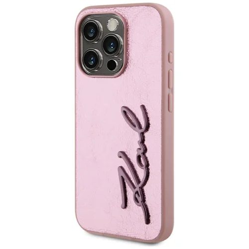 Karl Lagerfeld Susiraukšlėjusio metalo parašo dėklas iPhone 15 Pro, rožinis image 2