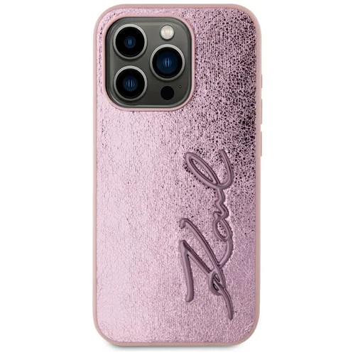 Karl Lagerfeld Susiraukšlėjusio metalo parašo dėklas iPhone 15 Pro, rožinis image 3