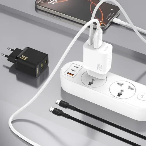 Dudao A26TC GaN 25W USB-C/USB-A + USB-C kabelis 1m Baltas image 3