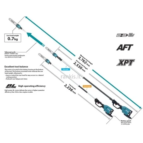 Makita DUA301Z Akumuliatorinė teleskopinė aukštapjovė, 2x18V, 30 cm image 3