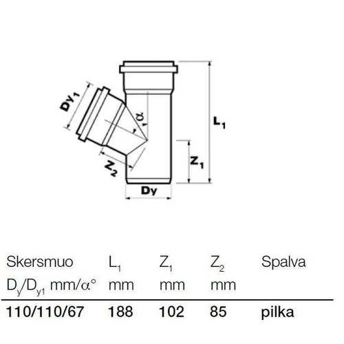 Vidaus kanalizacijos trišakis Wavin Optima, Ø 110 / 110 mm, 67° image 2