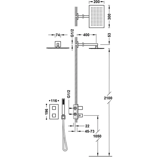Potinkinė termostatinė dušo sistema Tres SLIM 20225054 300x200 mm image 2