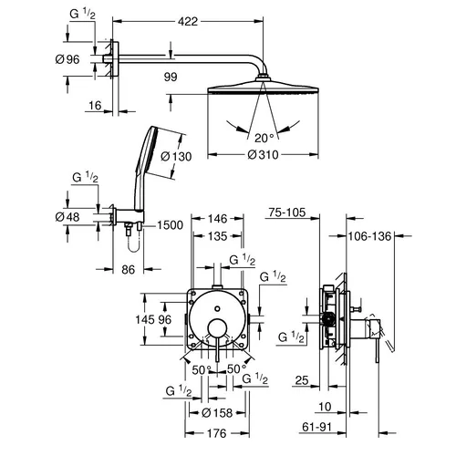 Grohe Essence potinkinė dušo sistema Rainshower Mono 310, 25287DA0, poliruoto blizgaus vario image 3