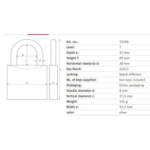 Abus spyna 79268, Sidabro, 89 mm x 52 mm image 2