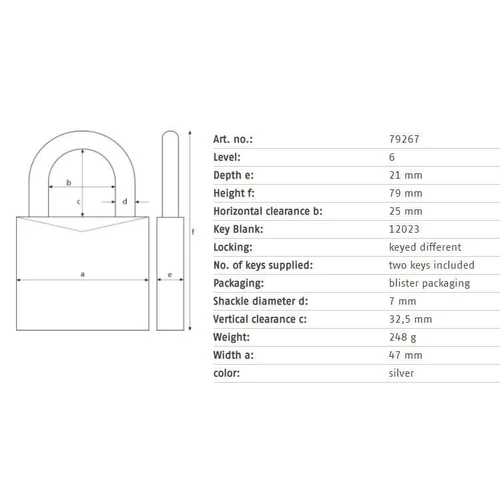 Abus 79267 pakabinama spyna, sidabro, 79 mm x 47 mm image 2