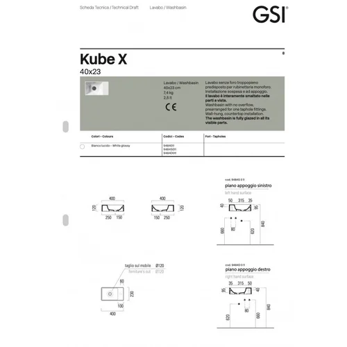 GSI Kube X 40 Pakabinamas Praustuvas Balta matinė image 2