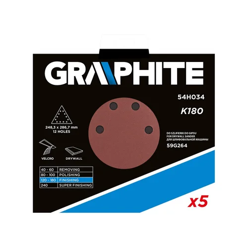 GRAPHITE Velcro šlifavimo popierius K180 trikampis, 12 skylių, 5 vnt image 2