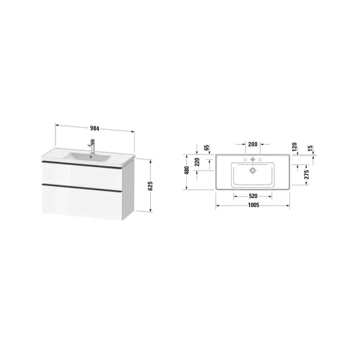 Duravit D-Neo DE012202222 Spintelė su praustuvu, Balta blizgi, 1000×480 mm image 2