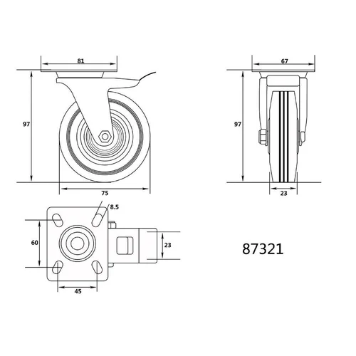 Vorel ratukas vežimėliui d-75mm, 40kg, guminis, juodas, pasukamas su stabdžiu image 2