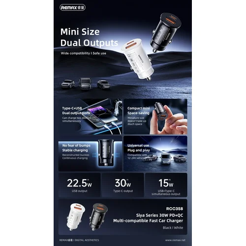 Remax RCC358 30W USB-C/USB-A Automobilinis įkroviklis Juodas image 3