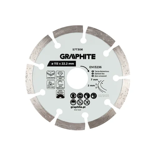 GRAPHITE Deimantinis segmentinis pjovimo diskas 115 x 22,2 mm sausam ir šlapiam pjovimui image 1