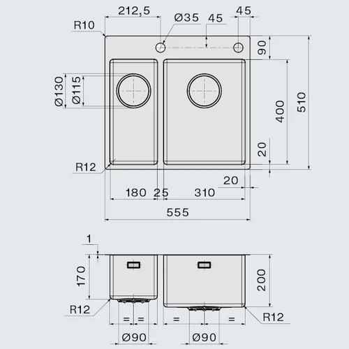 Falmec Garda 1831 SGA1831F.00#SSF plautuvė 555 x 510 mm image 2