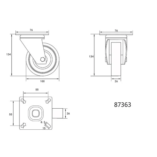 Vorel ratukas vežimėliui, d-100mm, guminis, pilkas, pasukamas, 60 kg image 2