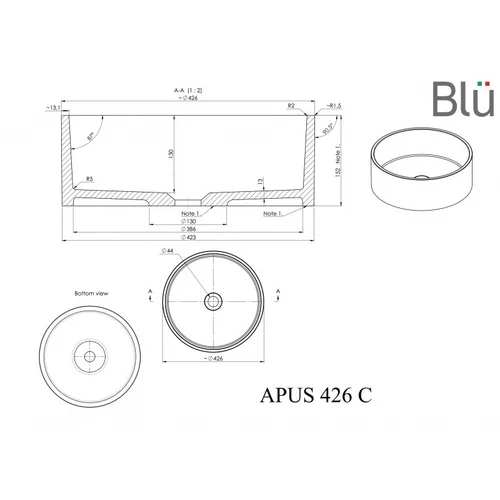 BLU APUS akmens masės pastatomas praustuvas, 426 mm skersmuo image 2