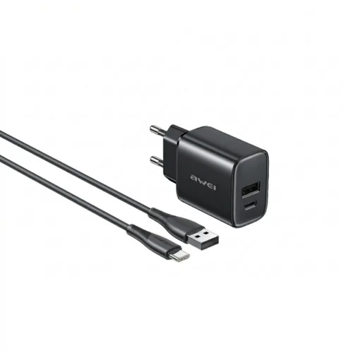 Awei PD85T-EU 22.5W USB-A/USB-C įkroviklis su USB-A į USB-C kabeliu 1,0 m juodas image 1
