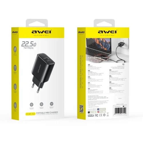 Awei PD85T-EU 22.5W USB-A/USB-C įkroviklis su USB-A į USB-C kabeliu 1,0 m juodas image 2