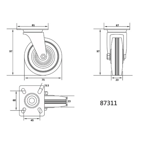 Vorel Ratukas vežimėliui, guminis, juodas, pasukamas d-75mm, 40kg image 2