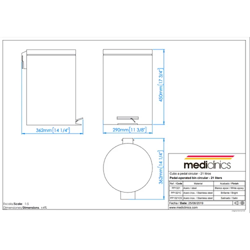 MEDICLINICS PP1321CS Apvali Šiukšlių Dėžė Su Pedalu, 20 L, Satinas image 1