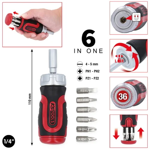 KS Tools 6 iš 1 mini ratchet bit driver, 1/4" image 3