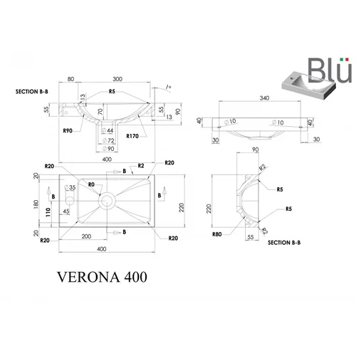 Mažas praustuvas VERONA 400, akmens masė, Blu image 2