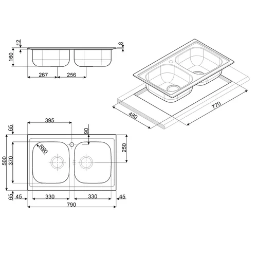 SMEG LYP792 Nerūdijančio plieno plautuvė, 2 dubenys, 160x790x500 mm image 2