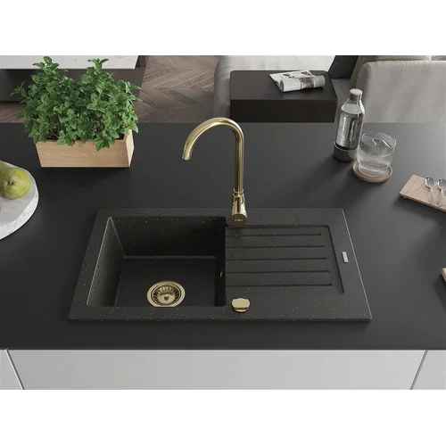 Granitinė plautuvė Mexen Pablo su maišytuvu ir sifonu, Metallic black/gold+Gold image 2