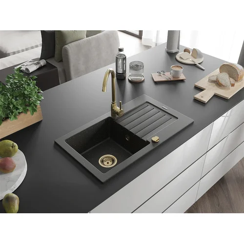 Granitinė plautuvė Mexen Pablo su maišytuvu ir sifonu, Metallic black/gold+Gold image 3