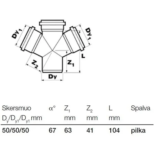 Wavin Optima Vidaus kanalizacijos keturšakis, Ø 50 / 50 / 50, 67° image 2