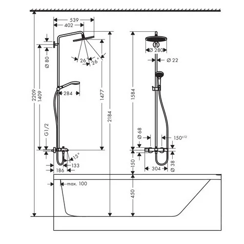 Hansgrohe Croma Select 280 Air Termostatinė dušo sistema su snapu image 3