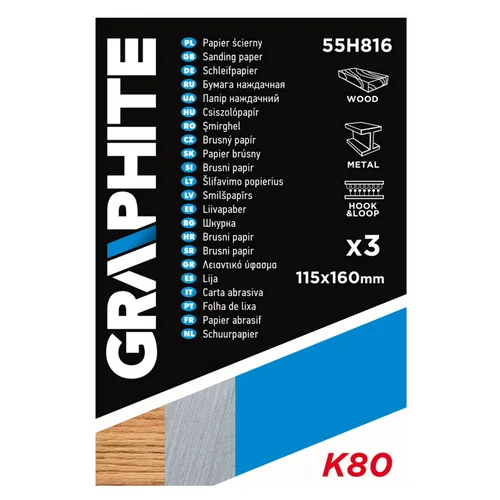 GRAPHITE Šlifavimo popierius 115 x 160 mm K80 3 vnt image 2