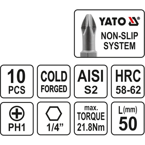 PH Yato antgalių rinkinys PH1 1/4\" 50mm, 10 vnt. image 3