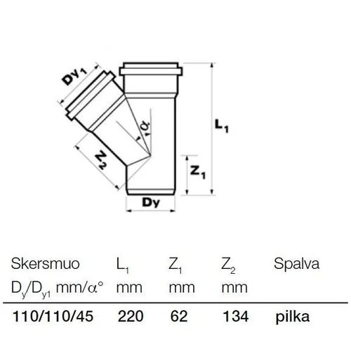 Wavin Optima vidaus kanalizacijos trišakis Ø110/110 mm 45° image 2