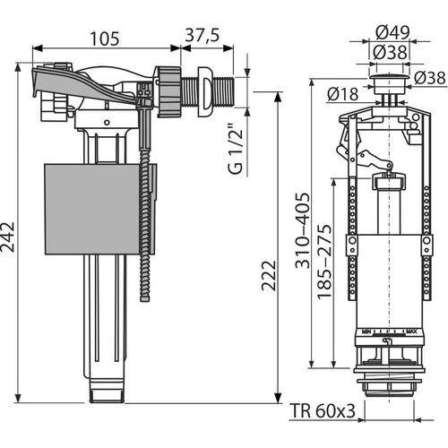 AlcaPlast SA2000CH11 WC mechanizmų komplektas šoninio pripildymo image 2