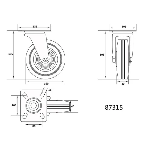 Ratukas vežimėliui, guminis, juodas, pasukamas Vorel | d-160mm, 130kg image 2