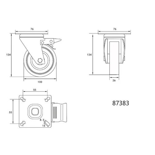 Vorel ratukas vežimėliui guminis pilkas Ø100mm, 45kg, su stabdžiu image 2