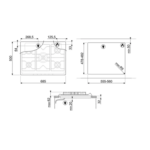 Įmontuojama dujinė kaitlentė Smeg SR275XGH2 image 2