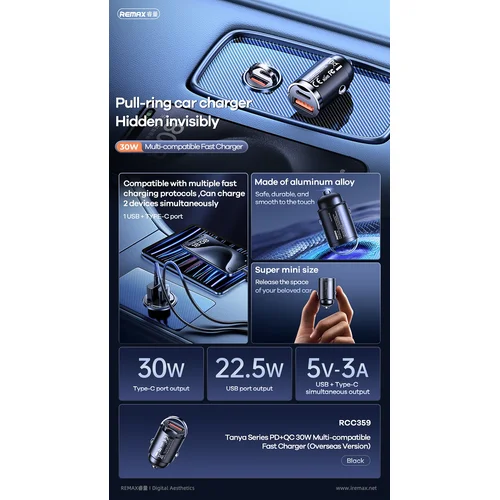 Remax RCC359 30W USB-C/USB-A automobilinis įkroviklis juodas image 2