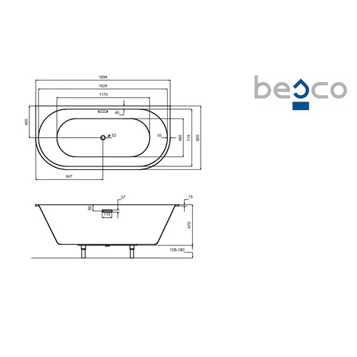 Besco VICA SLIM+ 170 vonia WAVS-170-S+, Baltos spalvos sifonas image 3