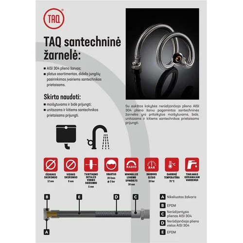 Tucai Taq V1/2''-V1/2'', Santechninė žarnelė 50 cm image 2