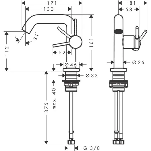Hansgrohe Tecturis S praustuvo maišytuvas 73321000 be vožtuvu, chromo spalvos image 3