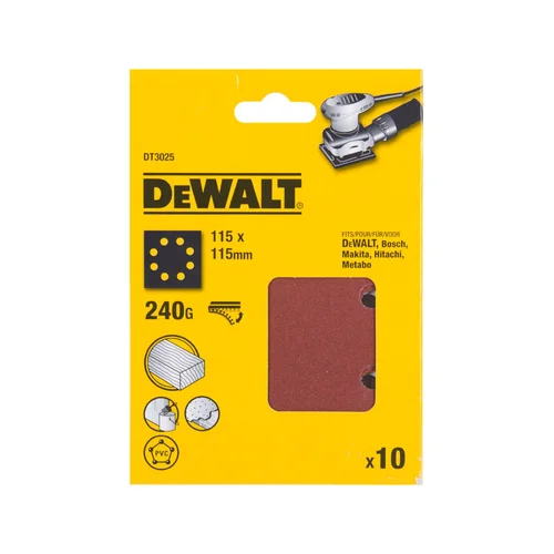 DeWALT 240G šlifavimo popierius 115×115 mm, 10 vnt., 1/4 lakštas image 2