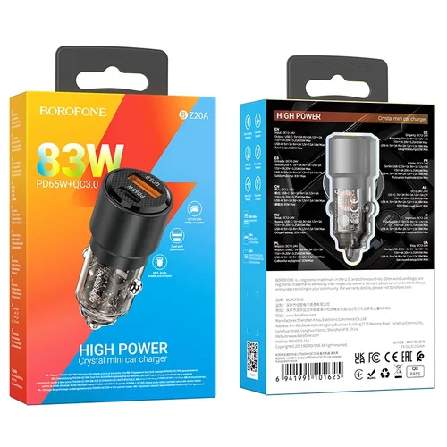 Borofone BZ20A PD65W+QC3.0 83W Automobilinis Įkroviklis Juodas image 2