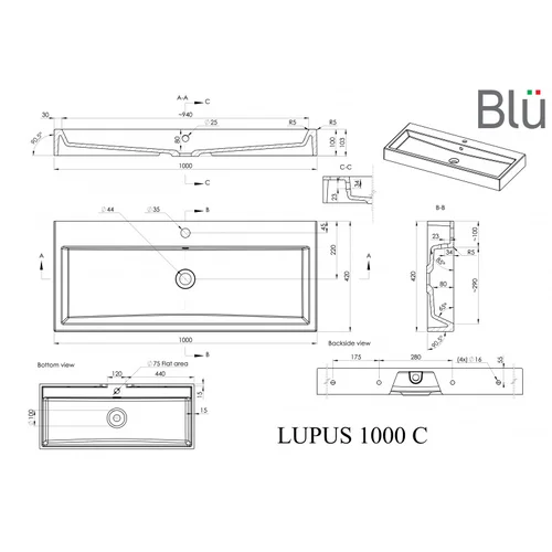 Praustuvas LUPUS 100, akmens masė, BLU - 100 x 42 cm image 2