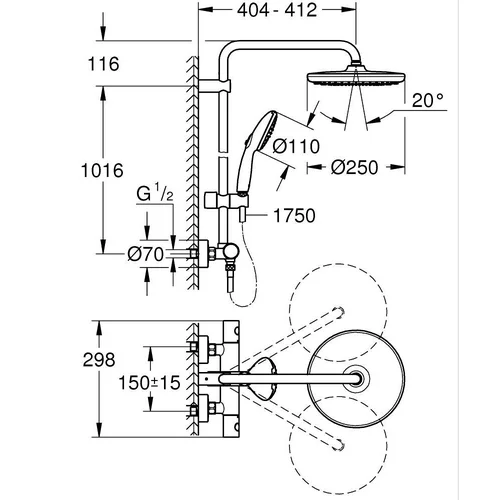 Grohe Tempesta 250 termostatinė dušo sistema su 25 cm dušo galva 26670001 - Chromo image 2